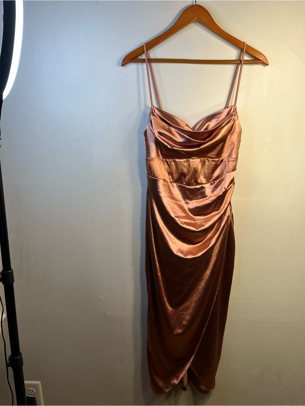 Satin Cowl Neck Midi Dress in Rose Gold Size Medium NWT